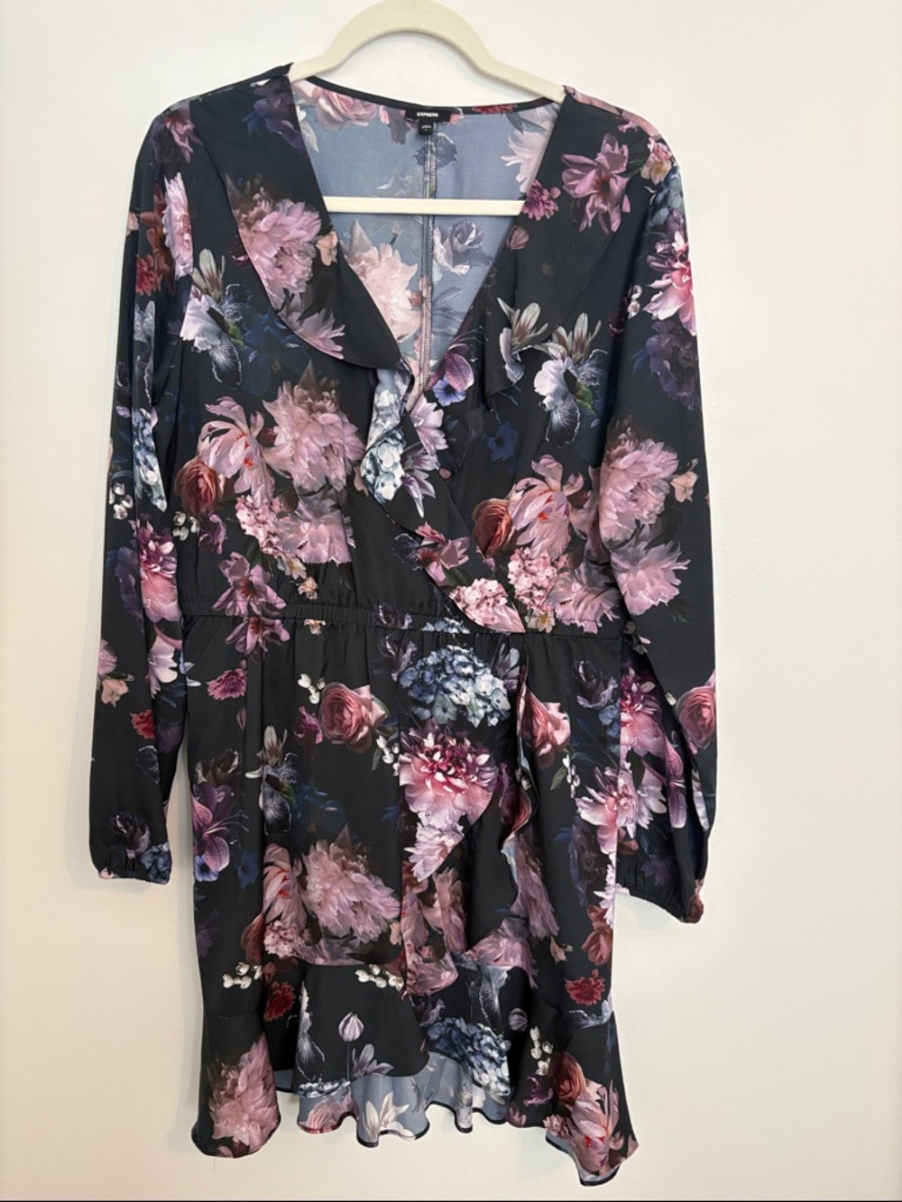 Express Dark Floral Wrap Dress in Black with Pink & Purple Blooms